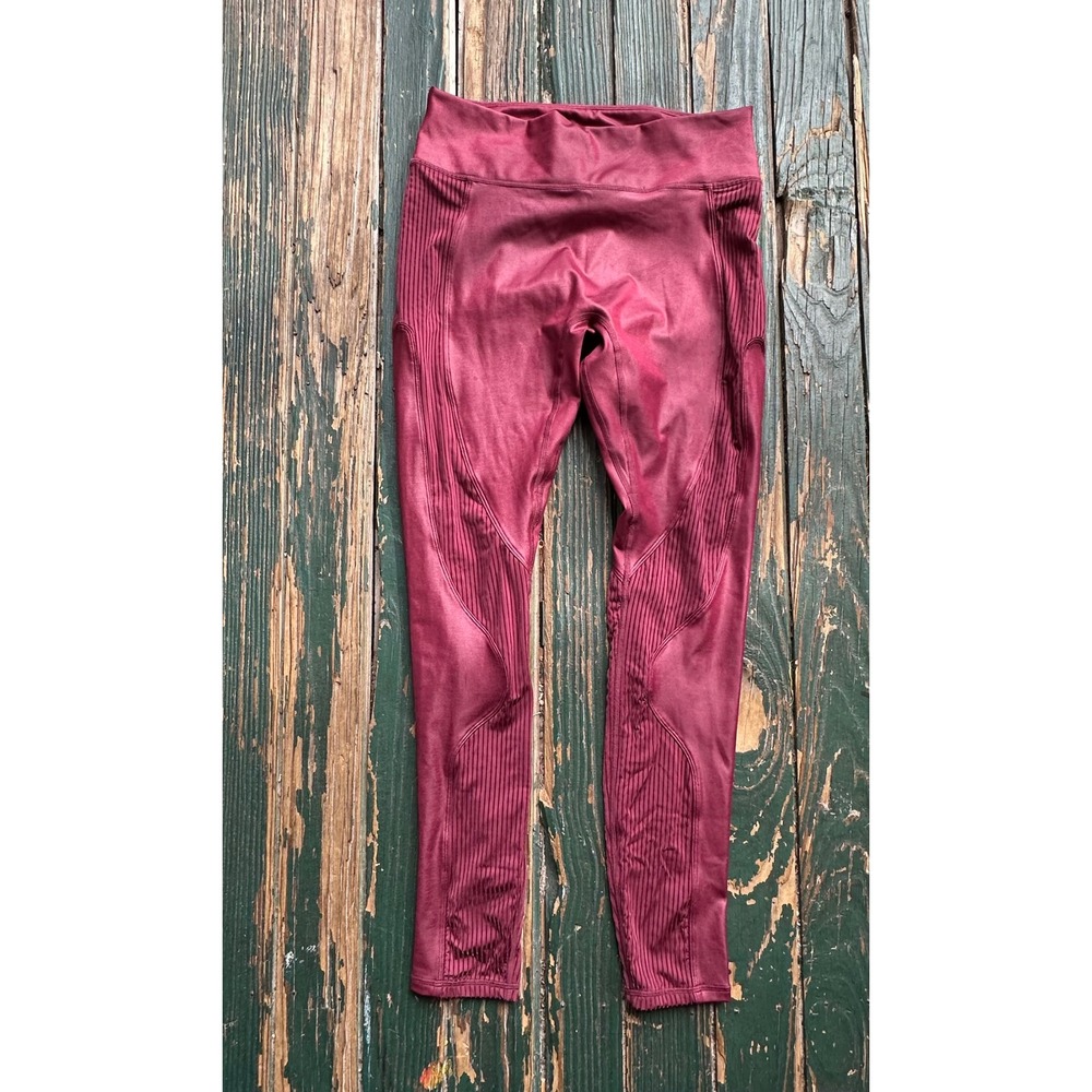 Fabletics Burgundy Metallic Moto Ribbed High Waisted Leggings Women Size M